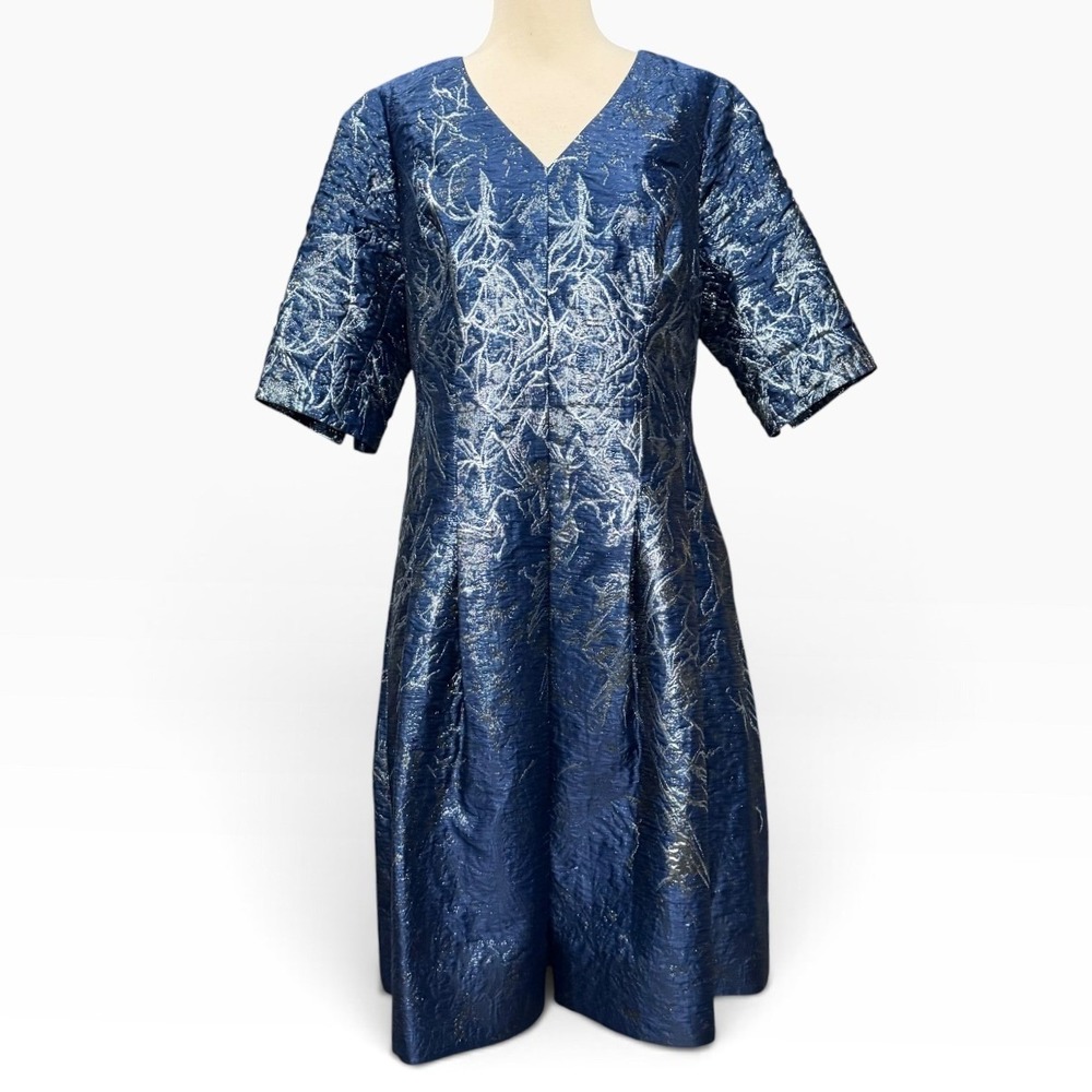 Teri Jon Rickie Freeman Metallic Jacquard Cocktail Dress Womens 14 Blue Elegant
